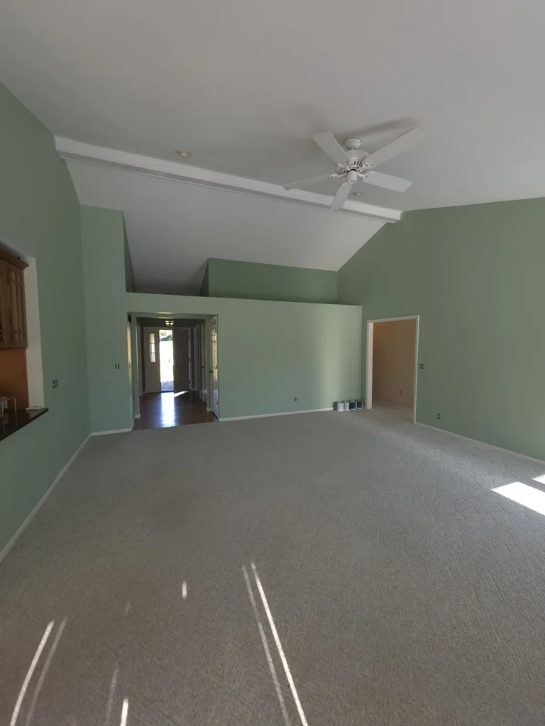 Completed Hebron interior with green walls, white trim, a vaulted ceiling and a ceiling fan.