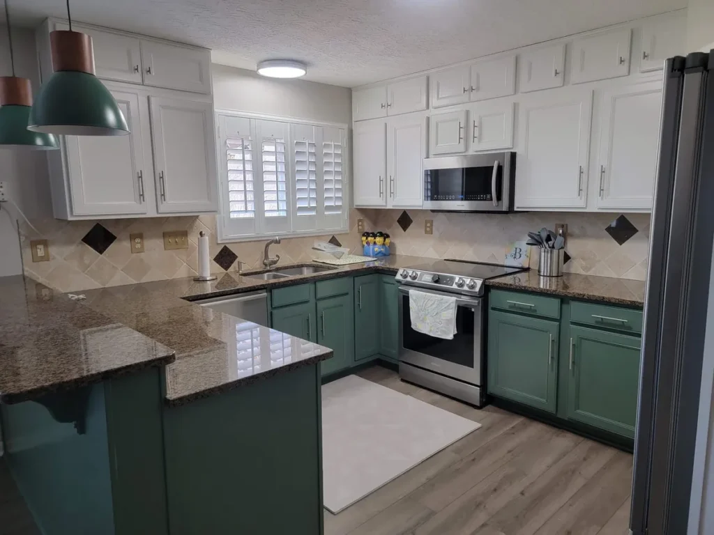 White upper cabinets and green lower cabinet fronts in Independence, Kentucky.